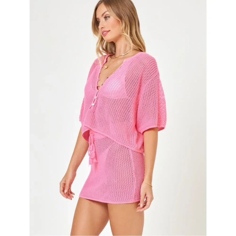 $99 l*space Coast is clear pink crochet beach coverup top NWT XL - Picture 3 of 14